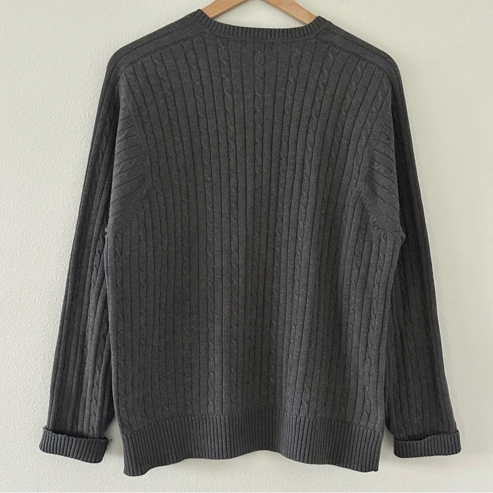 Izod Mens Cable Knit Sweater Grey Long Sleeve Pullover Size M Preppy 100% Cotton